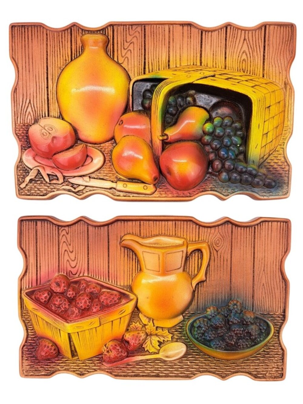 Vintage 1967 Miller Studio Chalkware Wall Plaques Fruit Basket Pitcher Set Of 2